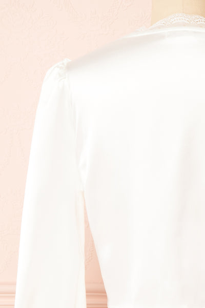 Hisoka White Satin Blouse w/ Lace Trim | Boutique 1861 back close-up