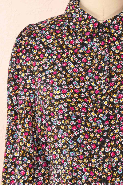 Hitomi Short Floral Pattern Button-Up Dress | Boutique 1861 front close-up