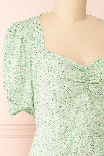 Hollbaek Green Floral Short Dress w/ Puffy Sleeves | Boutique 1861 side close-up