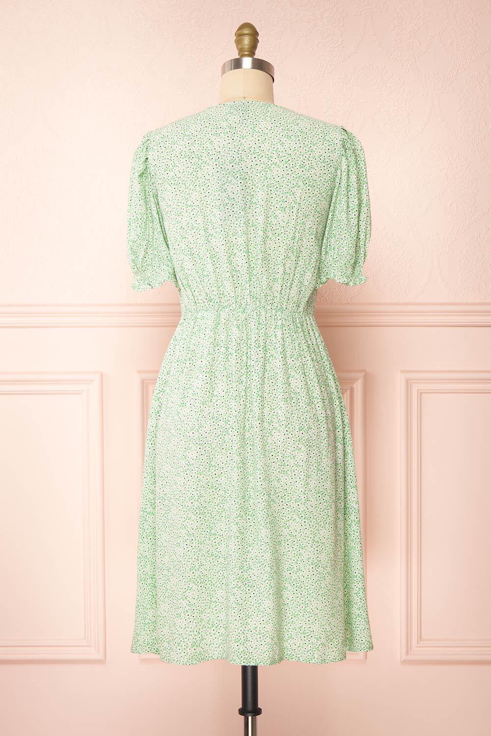 Hollbaek Green Floral Short Dress w/ Puffy Sleeves | Boutique 1861 back view