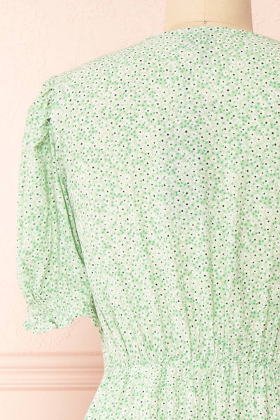 Hollbaek Green Floral Short Dress w/ Puffy Sleeves | Boutique 1861 back close-up