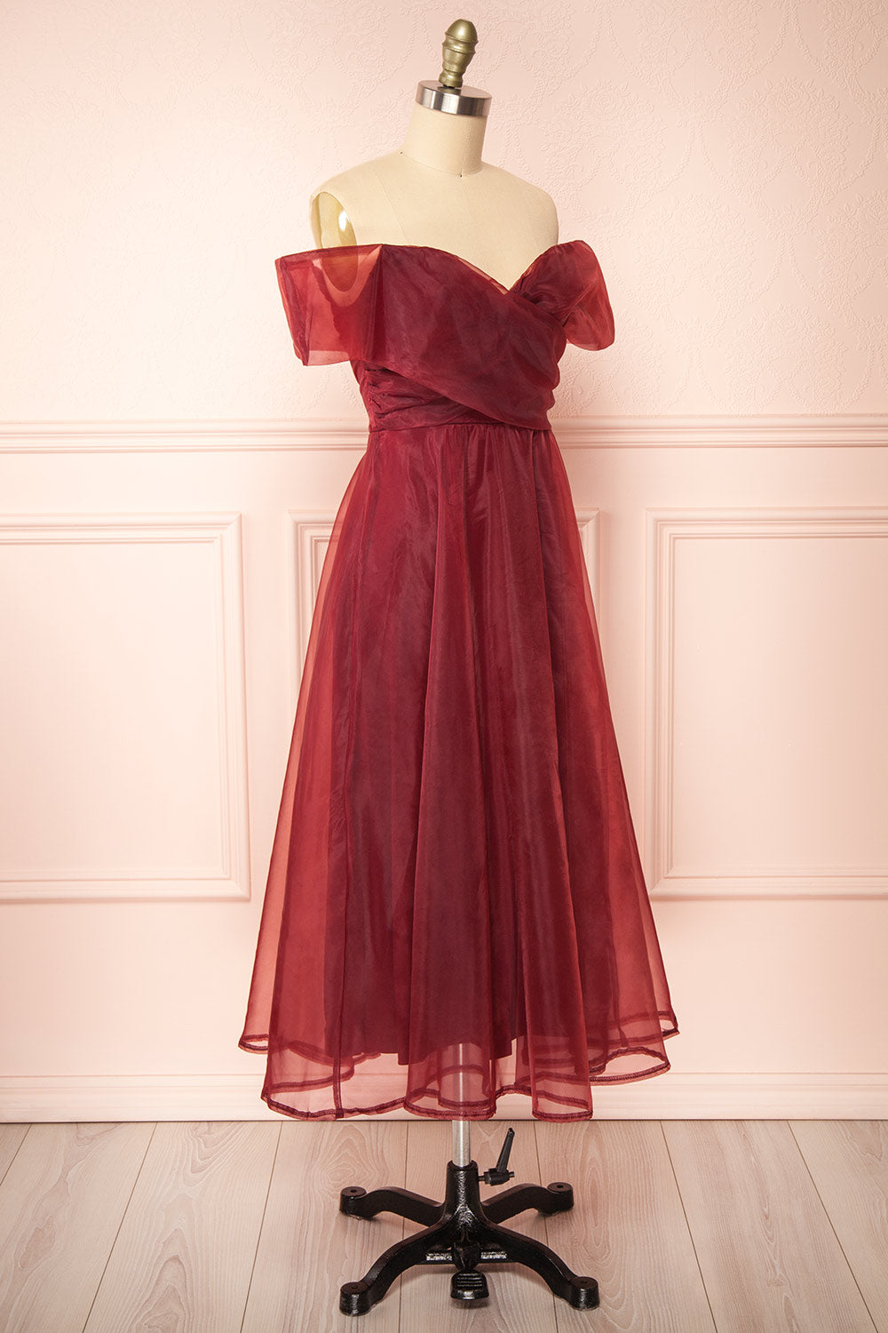 Holly Burgundy Off-Shoulder Organza Midi Dress | Boutique 1861 side view