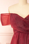 Holly Burgundy Off-Shoulder Organza Midi Dress | Boutique 1861 front close-up