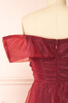 Holly Burgundy Off-Shoulder Organza Midi Dress | Boutique 1861 back close-up