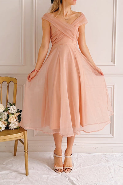 Holly Pink Off-Shoulder Organza Midi Dress | Boutique 1861 on model