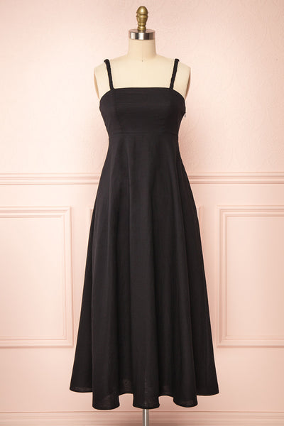 Honeyy Black A-Line Laced Back Midi Dress | Boutique 1861 front view