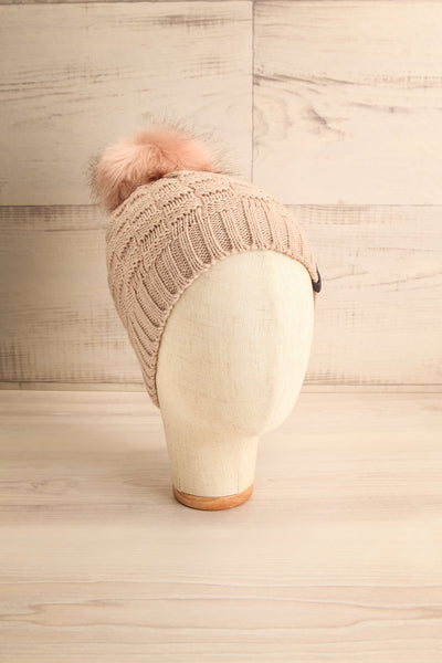 Honokaa Beige Knit Tuque with Faux-Fur Pompom on head | La Petite Garçonne