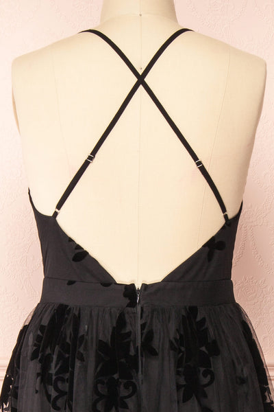 Hyade Black Plus Size V-Neck Floral Maxi Dress | Boutique 1861 back close-up