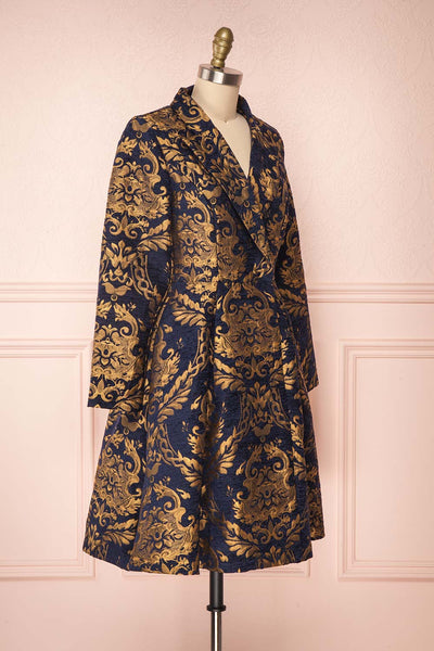 Hyleoroi Navy & Gold Jacquard Pleated Princess Coat | Boutique 1861 side view