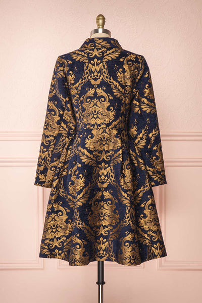 Hyleoroi Navy & Gold Jacquard Pleated Princess Coat | Boutique 1861 back view