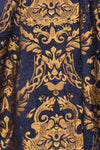 Hyleoroi Navy & Gold Jacquard Pleated Princess Coat | Boutique 1861 fabric detail