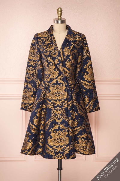 Hyleoroi Navy & Gold Jacquard Pleated Princess Coat | Boutique 1861 front view