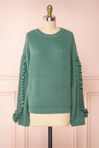 Idelle Green Knit Sweater w/ Frills on Sleeves | Boutique 1861 front view