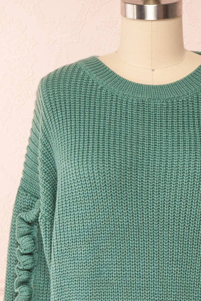 Idelle Green Knit Sweater w/ Frills on Sleeves | Boutique 1861 front close-up