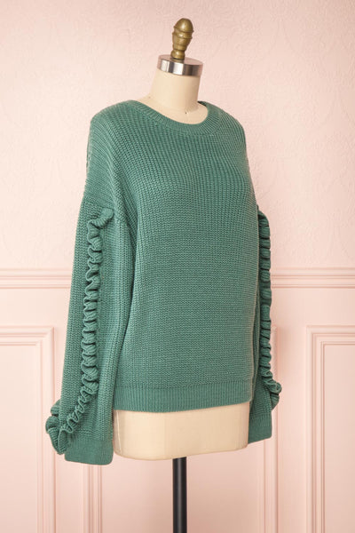 Idelle Green Knit Sweater w/ Frills on Sleeves | Boutique 1861 side view