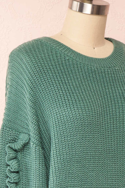 Idelle Green Knit Sweater w/ Frills on Sleeves | Boutique 1861 side close-up