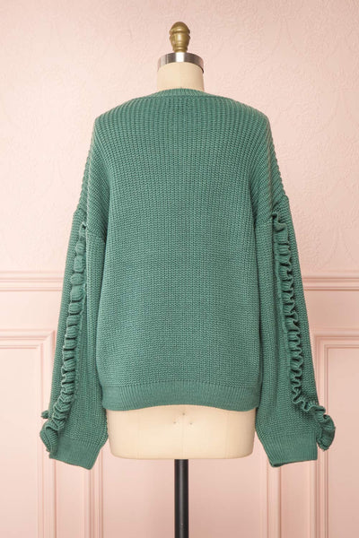 Idelle Green Knit Sweater w/ Frills on Sleeves | Boutique 1861 back view