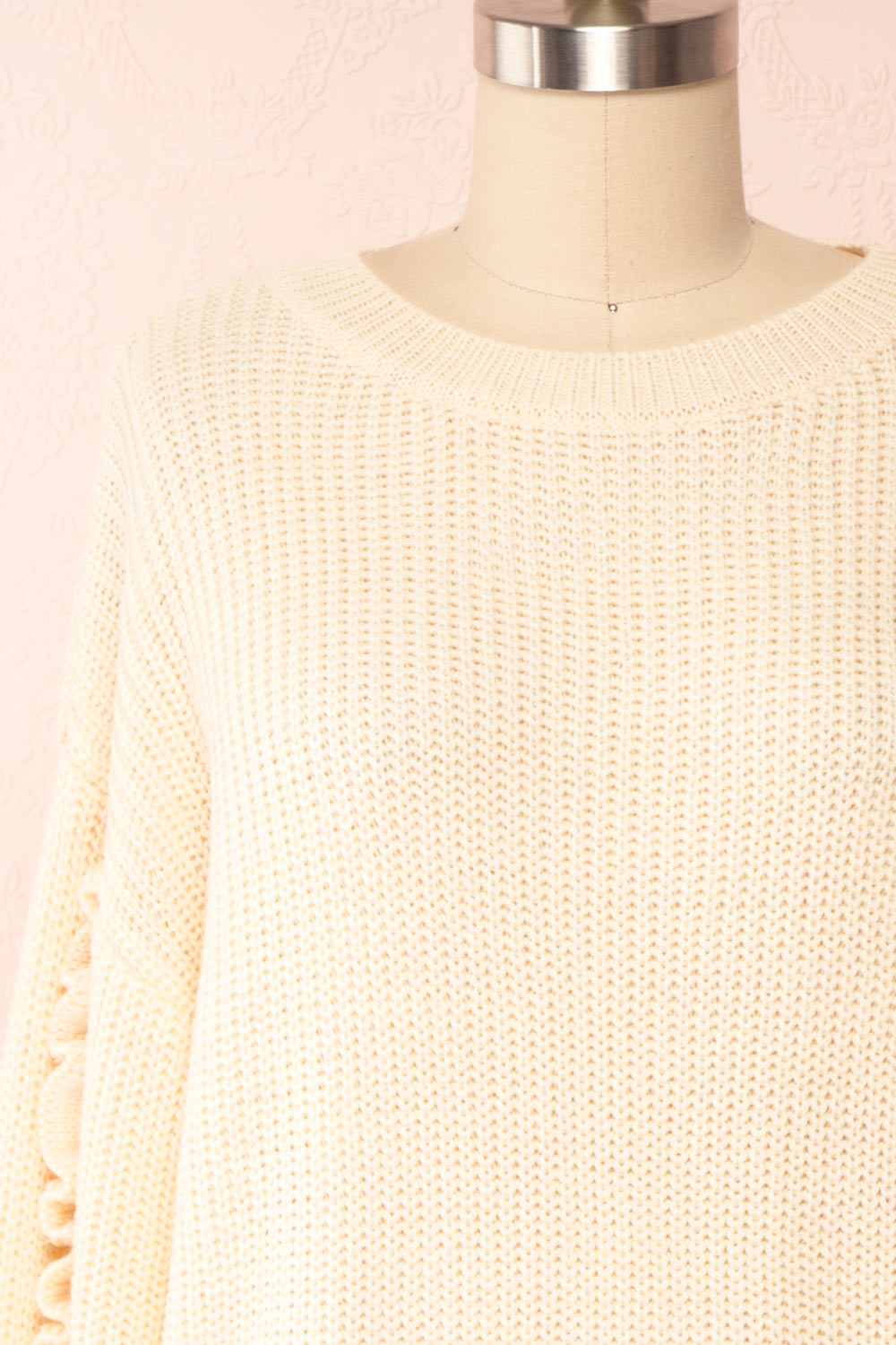 Idelle Ivory Knit Sweater w/ Frills on Sleeves | Boutique 1861 front close-up