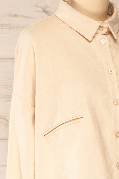 Ijevsk Beige Linen Button-Up Shirt | La petite garçonne  side close-up