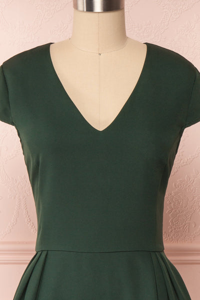 Iktomi Green A-Line Midi Dress w/ V Neck front close up | Boutique 1861