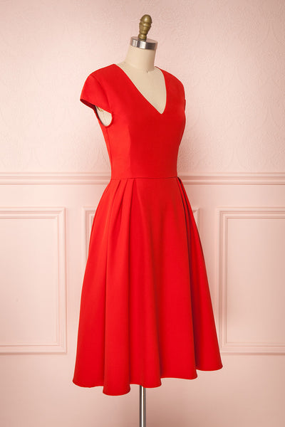Iktomi Red A-Line Midi Dress w/ V Neck side view | Boutique 1861