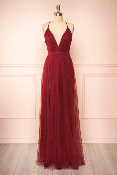 Ilaria Burgundy Mesh Gown with Plunging Neckline | Boutique 1861 front view