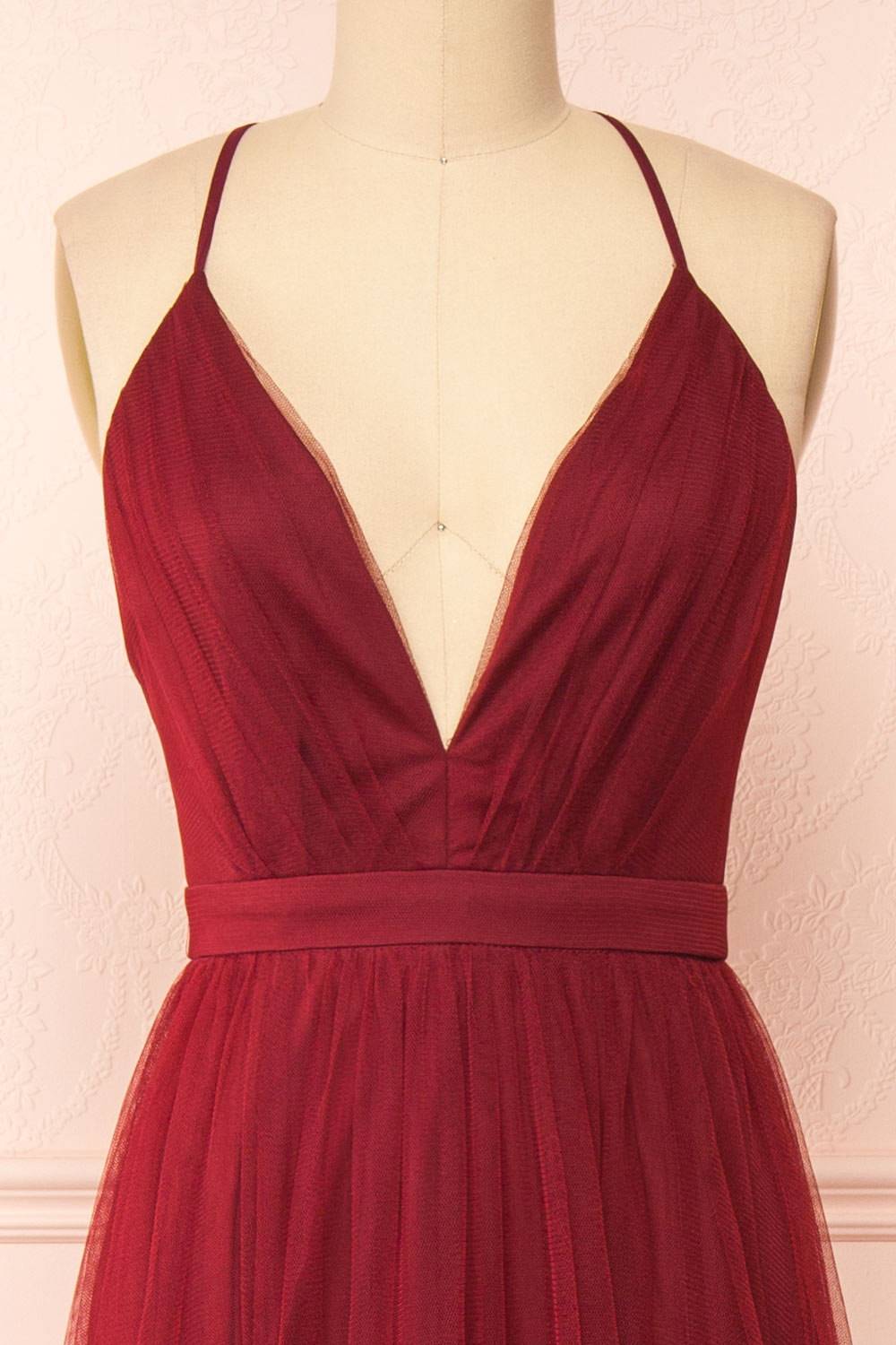 Ilaria Burgundy Mesh Gown with Plunging Neckline | Boutique 1861 front close-up