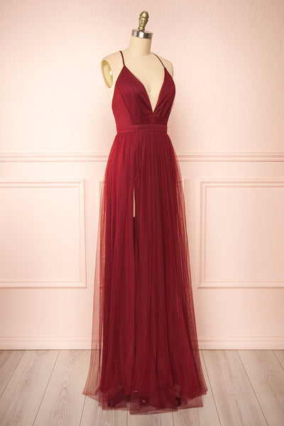 Ilaria Burgundy Mesh Gown with Plunging Neckline | Boutique 1861 side view