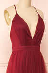 Ilaria Burgundy Mesh Gown with Plunging Neckline | Boutique 1861 side close-up
