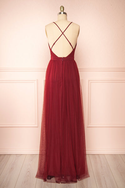 Ilaria Burgundy Mesh Gown with Plunging Neckline | Boutique 1861 back view