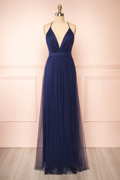 Ilaria Navy Blue Mesh Gown with Plunging Neckline | Boutique 1861 front view
