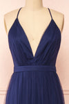 Ilaria Navy Blue Mesh Gown with Plunging Neckline | Boutique 1861 front close-up