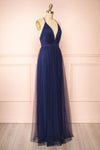 Ilaria Navy Blue Mesh Gown with Plunging Neckline | Boutique 1861 side view