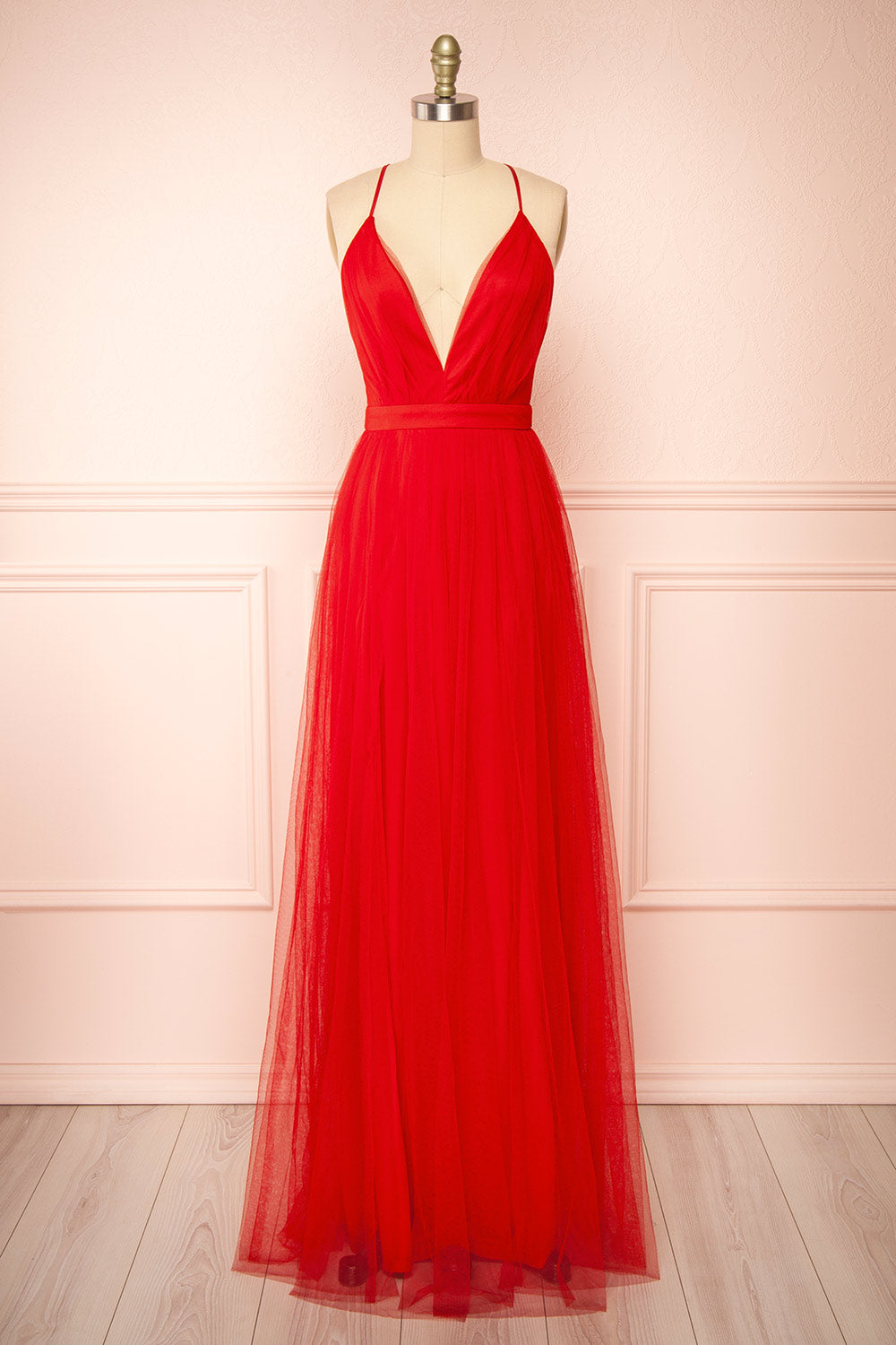 Ilaria Red Mesh Gown with Plunging Neckline