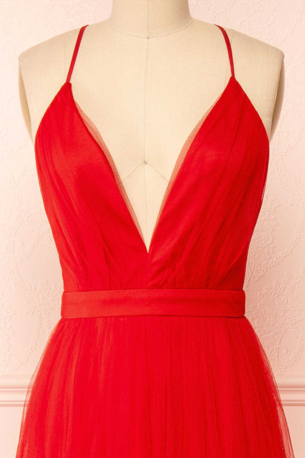 Ilaria Red Mesh Gown with Plunging Neckline