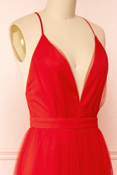 Ilaria Red Mesh Gown with Plunging Neckline | Boutique 1861 side close-up