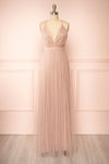 Ilaria Taupe Tulle Gown with Plunging Neckline | Boutique 1861 front view