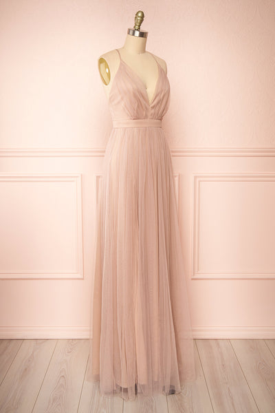 Ilaria Taupe Tulle Gown with Plunging Neckline | Boutique  1861 side view