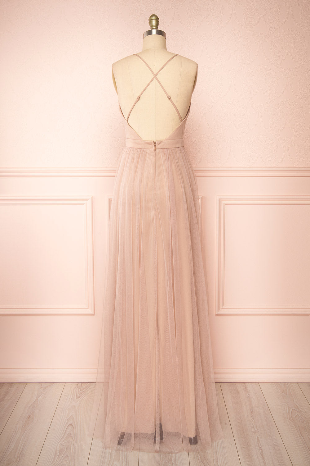 Ilaria Taupe Tulle Gown with Plunging Neckline | Boutique  1861 back view