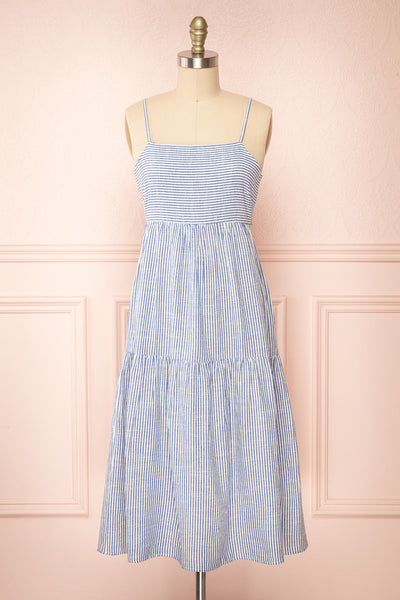 Ilona Blue Tie-Back Striped Midi Dress | Boutique 1861 front view