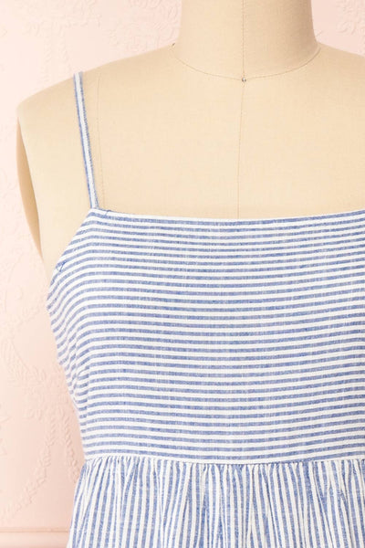 Ilona Blue Tie-Back Striped Midi Dress | Boutique 1861 front close-up