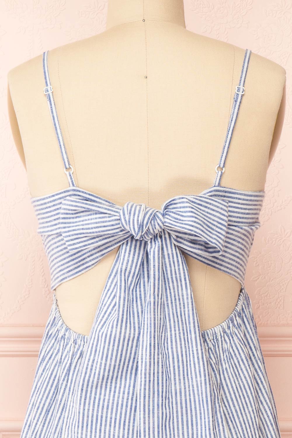 Ilona Blue Tie-Back Striped Midi Dress | Boutique 1861 back close-up