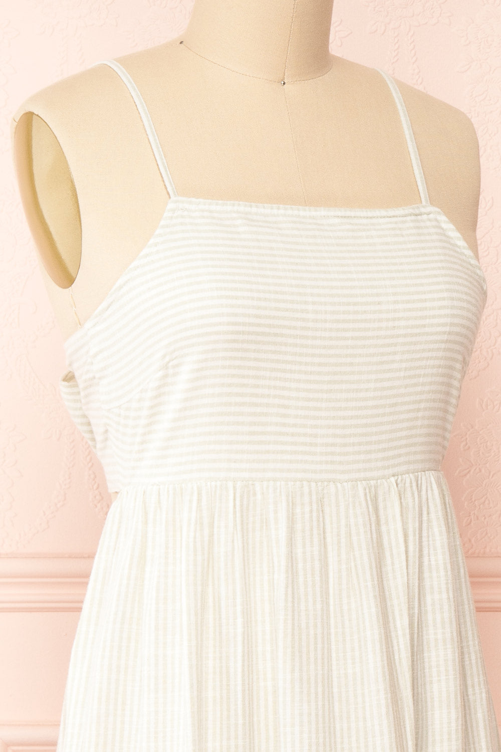 Ilona Sage Tie-Back Striped Midi Dress | Boutique 1861  side close-up