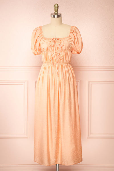 Imna Peach A-Line Midi Dress w/ Puffy Sleeves | Boutique 1861 front view