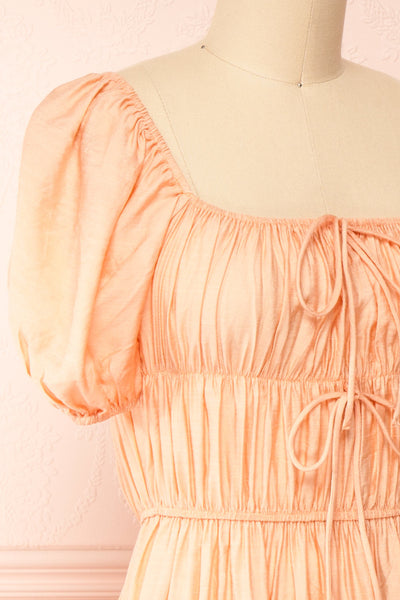 Imna Peach A-Line Midi Dress w/ Puffy Sleeves | Boutique 1861 side close-up