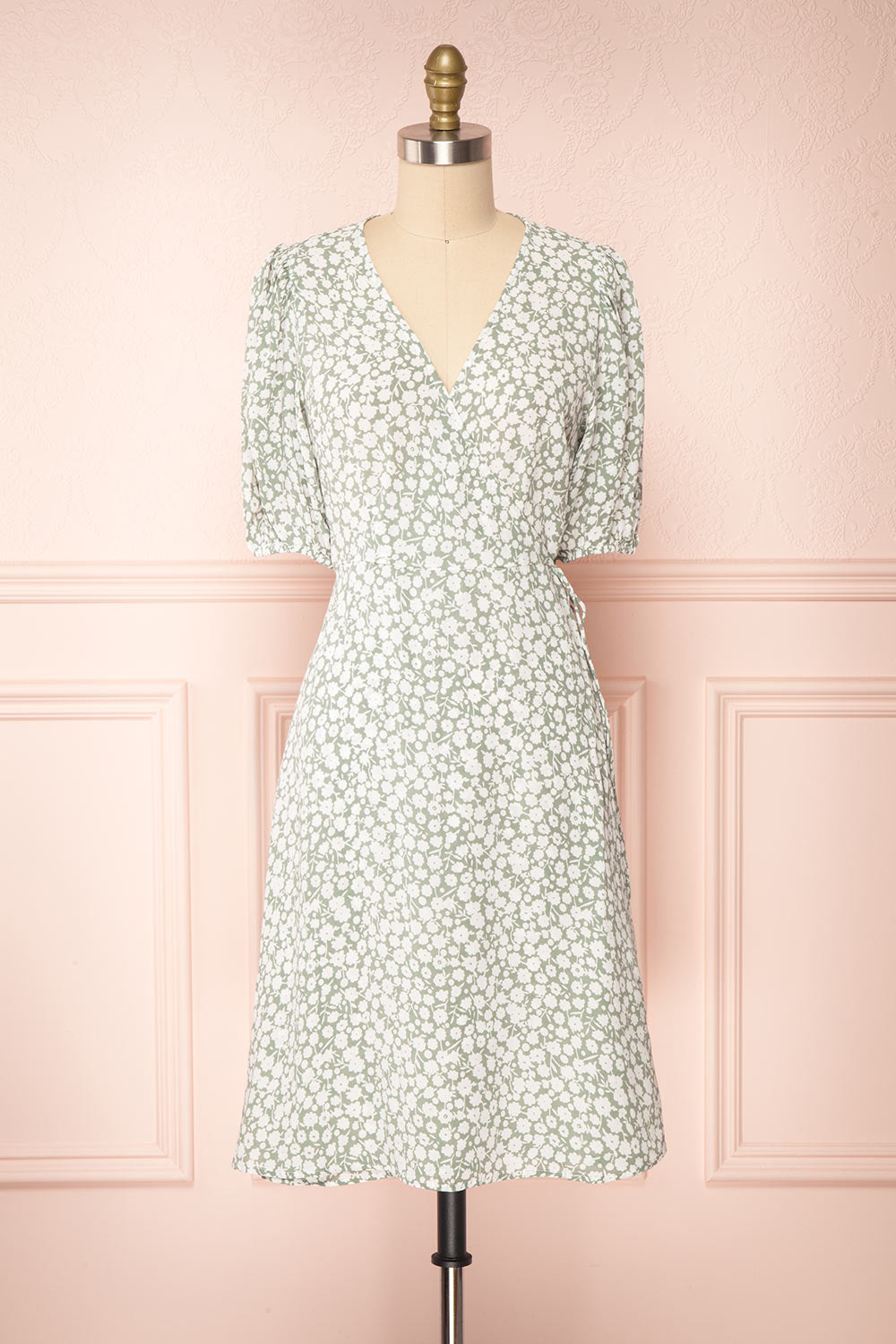 Indra Light Green Floral A-Line Wrap Dress | Boutique 1861 front view 