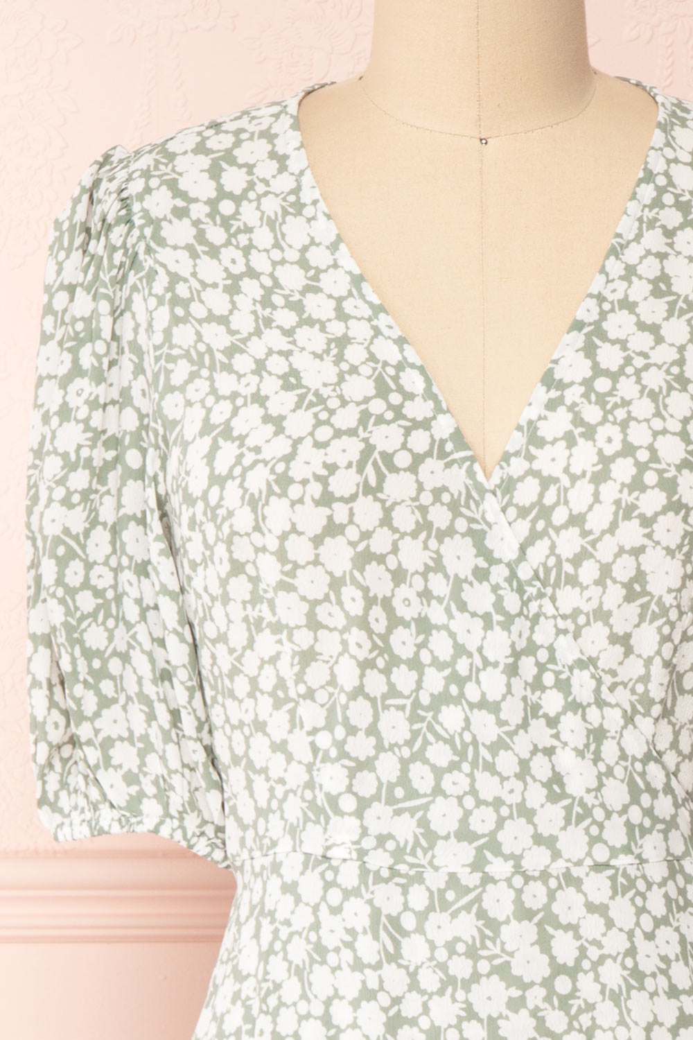 Indra Light Green Floral A-Line Wrap Dress | Boutique 1861 front close-up