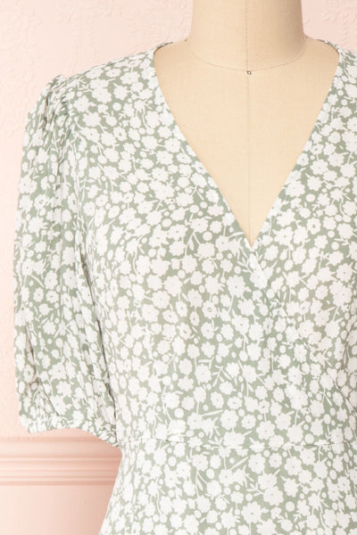 Indra Light Green Floral A-Line Wrap Dress | Boutique 1861 front close-up