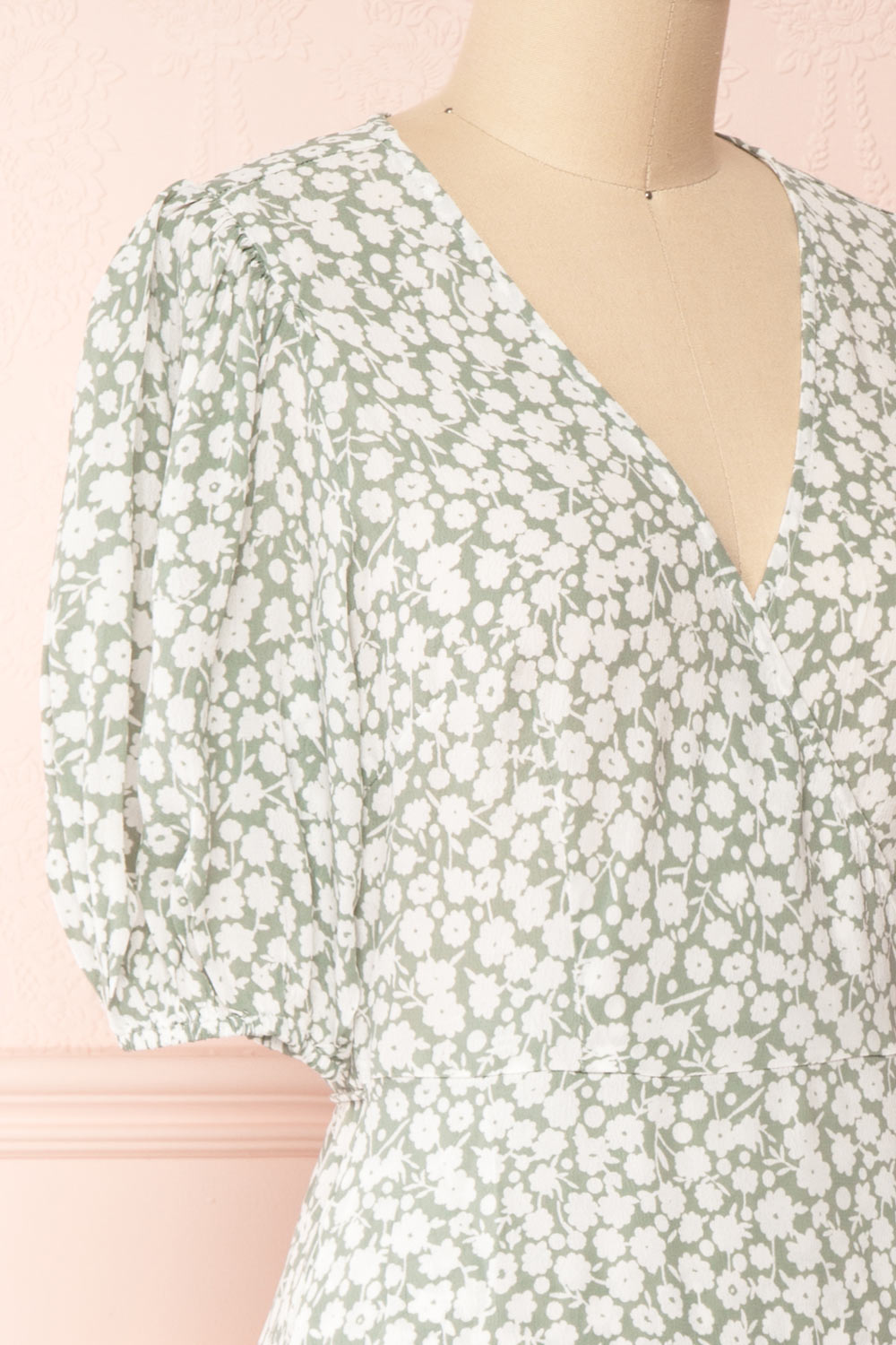 Indra Light Green Floral A-Line Wrap Dress | Boutique 1861 side close-up