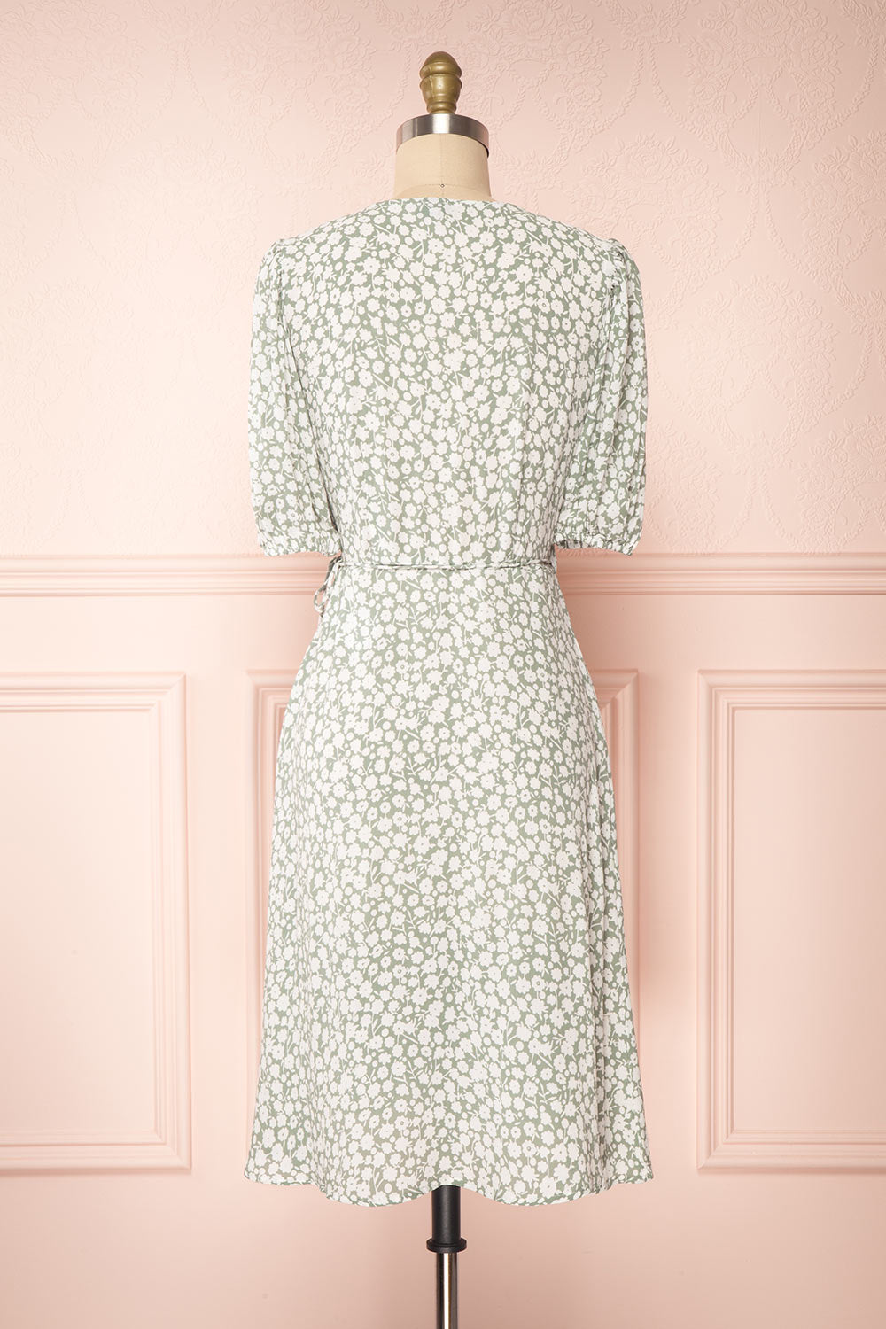 Indra Light Green Floral A-Line Wrap Dress | Boutique 1861 back view 